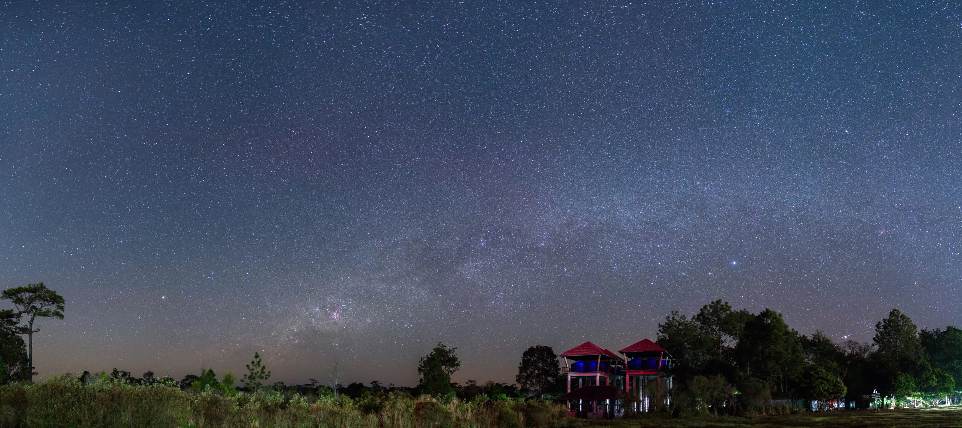 A wide panorama of the Milky Way over open grassland