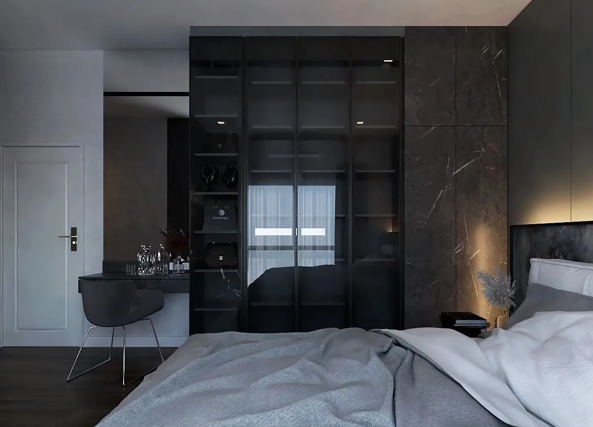 Architectural rendering of a modern bedroom facing dark shelving and a marble accent wall