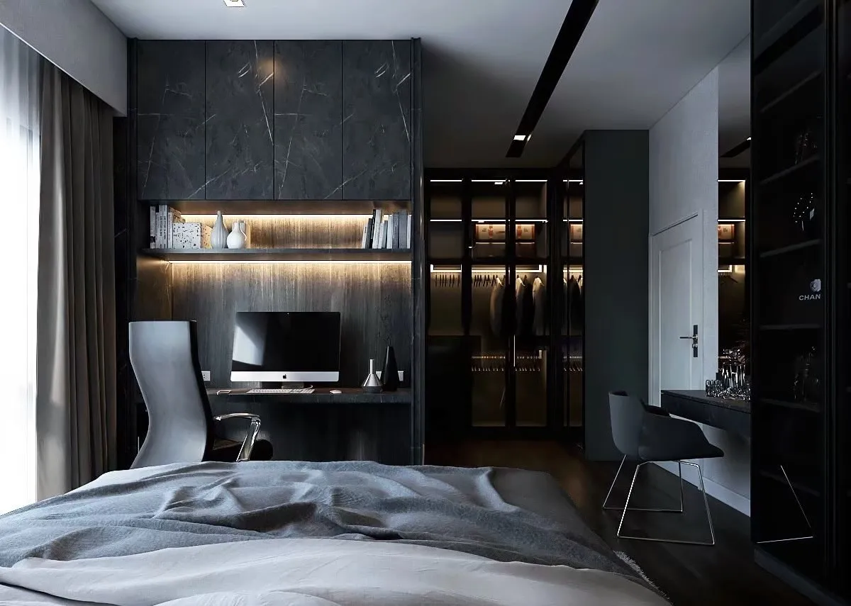 Architectural rendering of a modern bedroom with a desk, shelving, and wardrobe