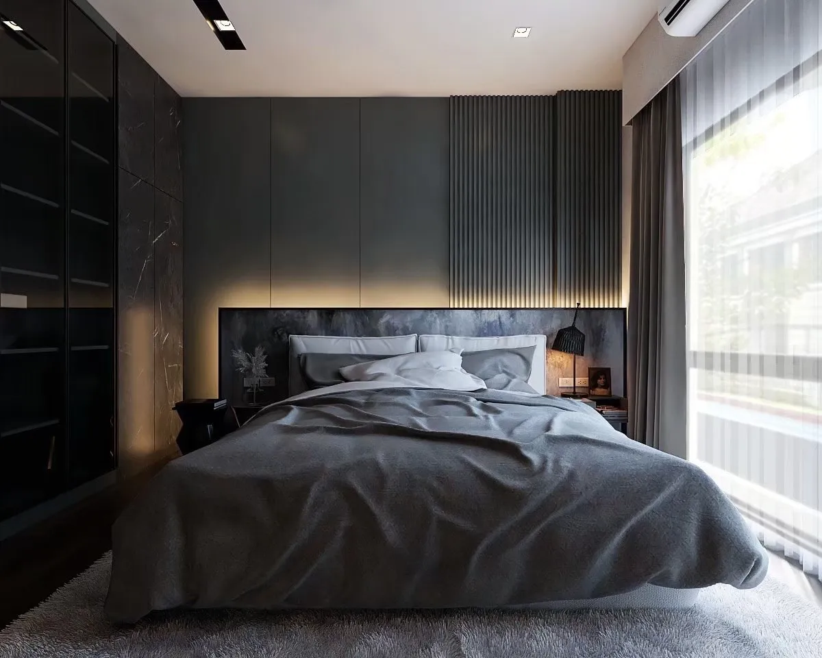 Architectural rendering of a gray bedroom viewed from the foot of the bed beside a large window