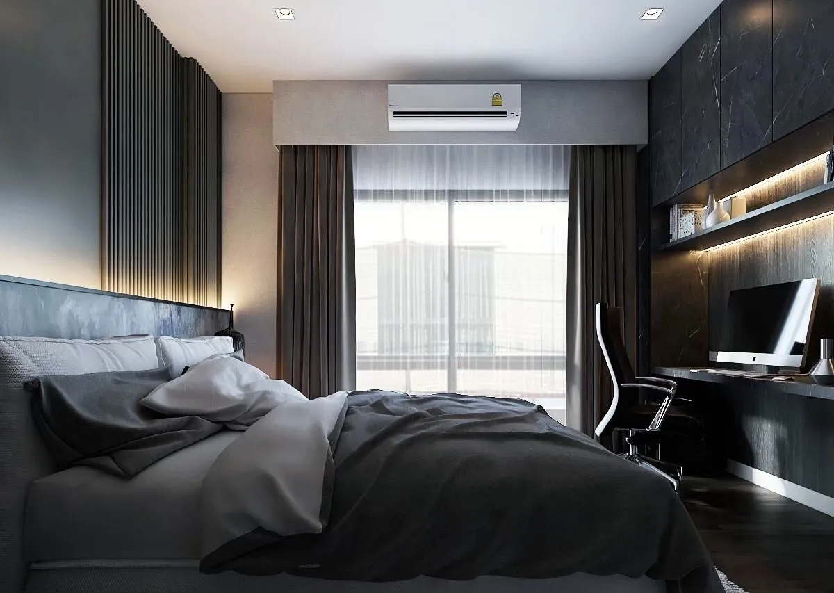 Architectural rendering of a compact bedroom with a desk, television wall, and curtained window