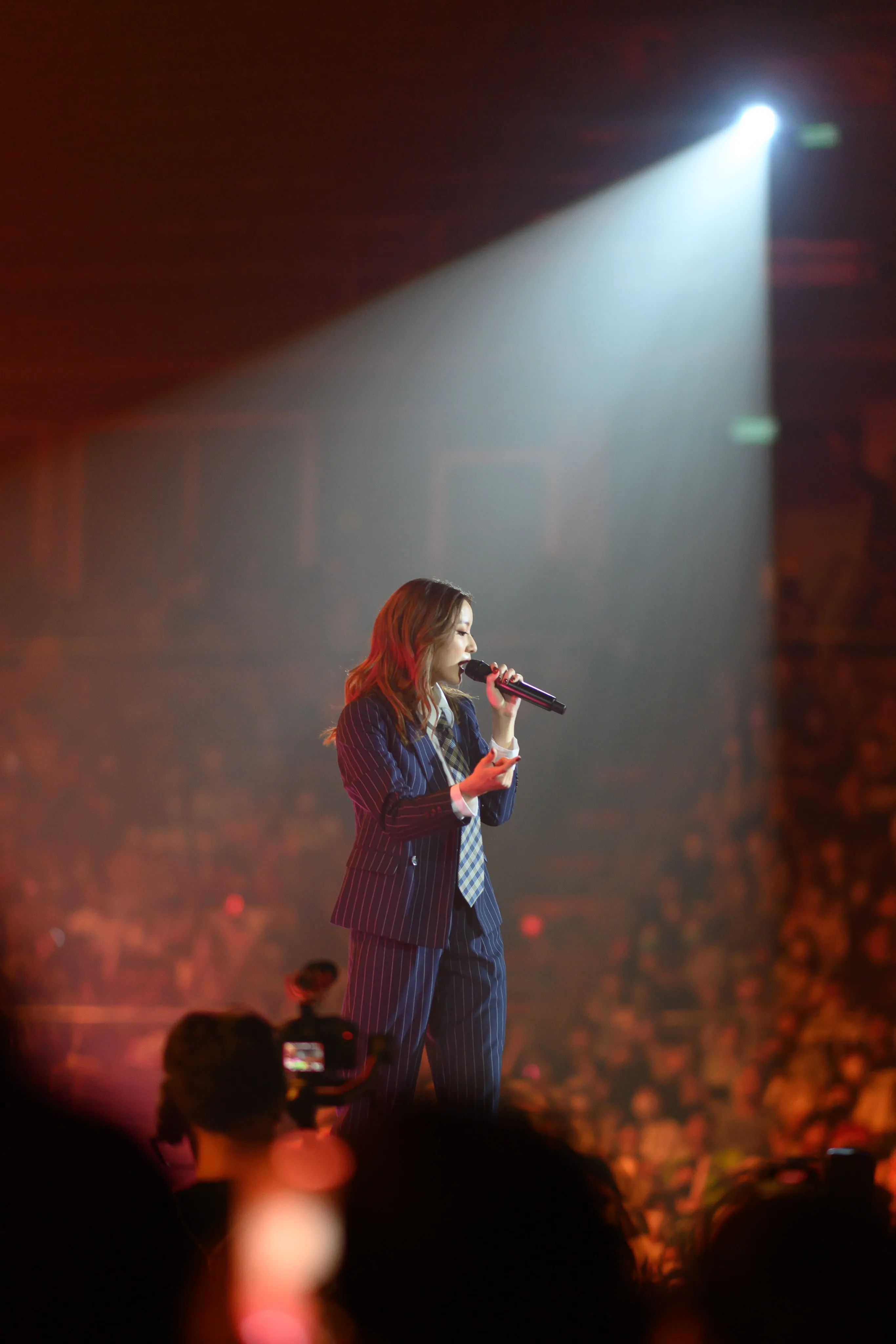 A singer in a pinstriped suit performing under a spotlight in front of a packed arena