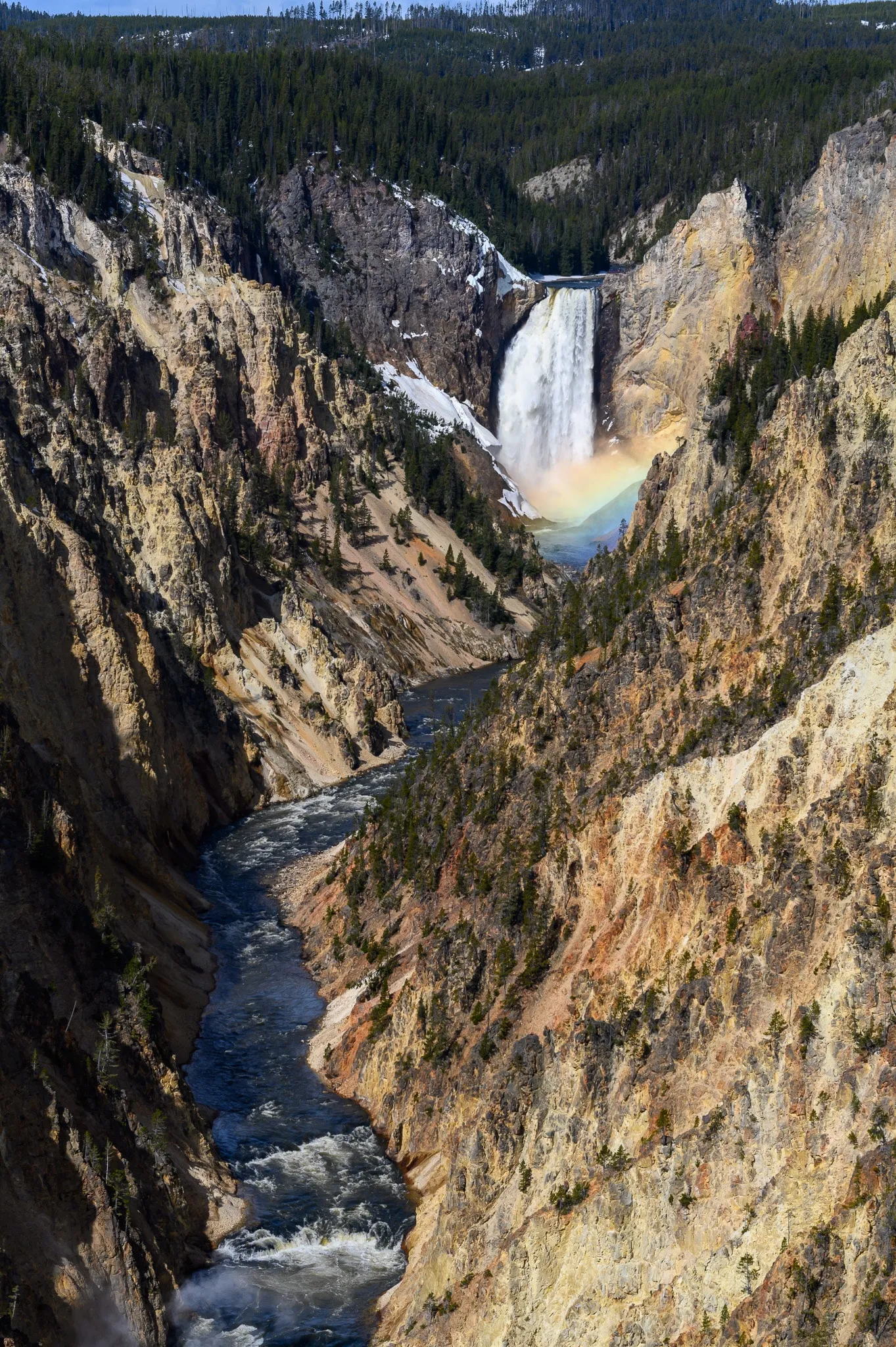 Waterfall dropping through a steep forested canyon