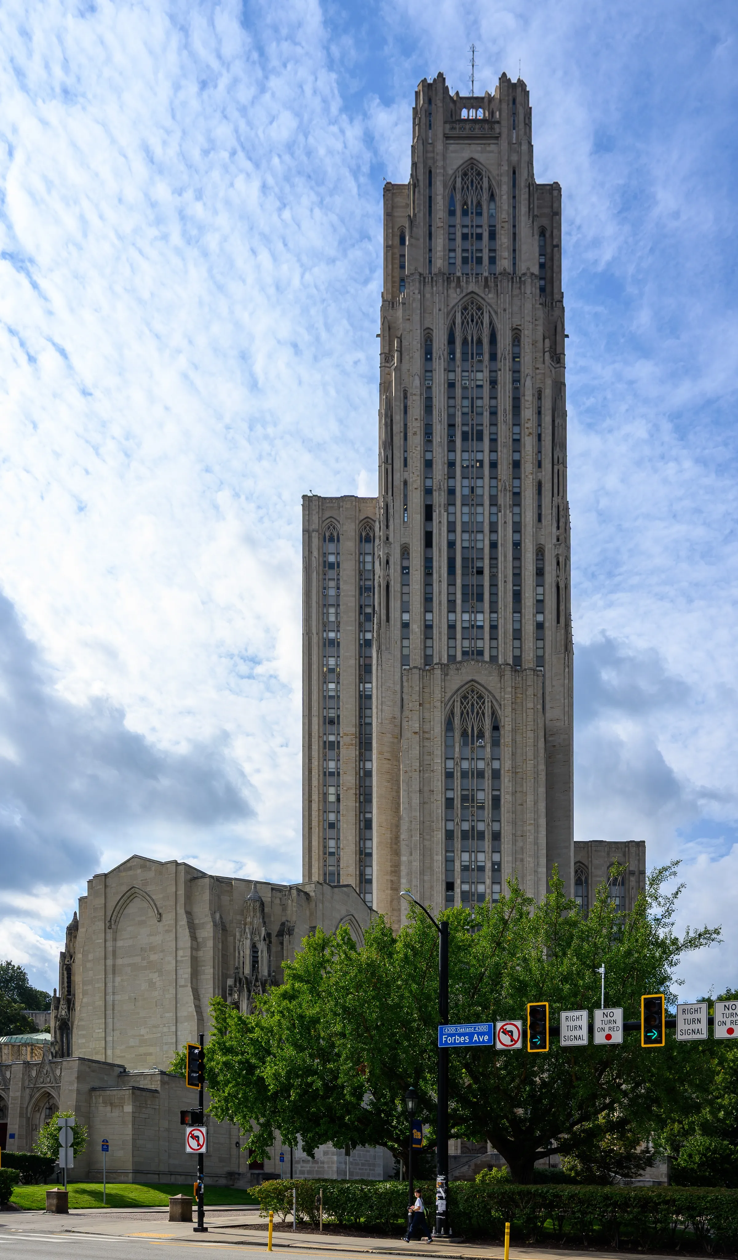 The Cathedral of Learning rising above Forbes Avenue in Pittsburgh