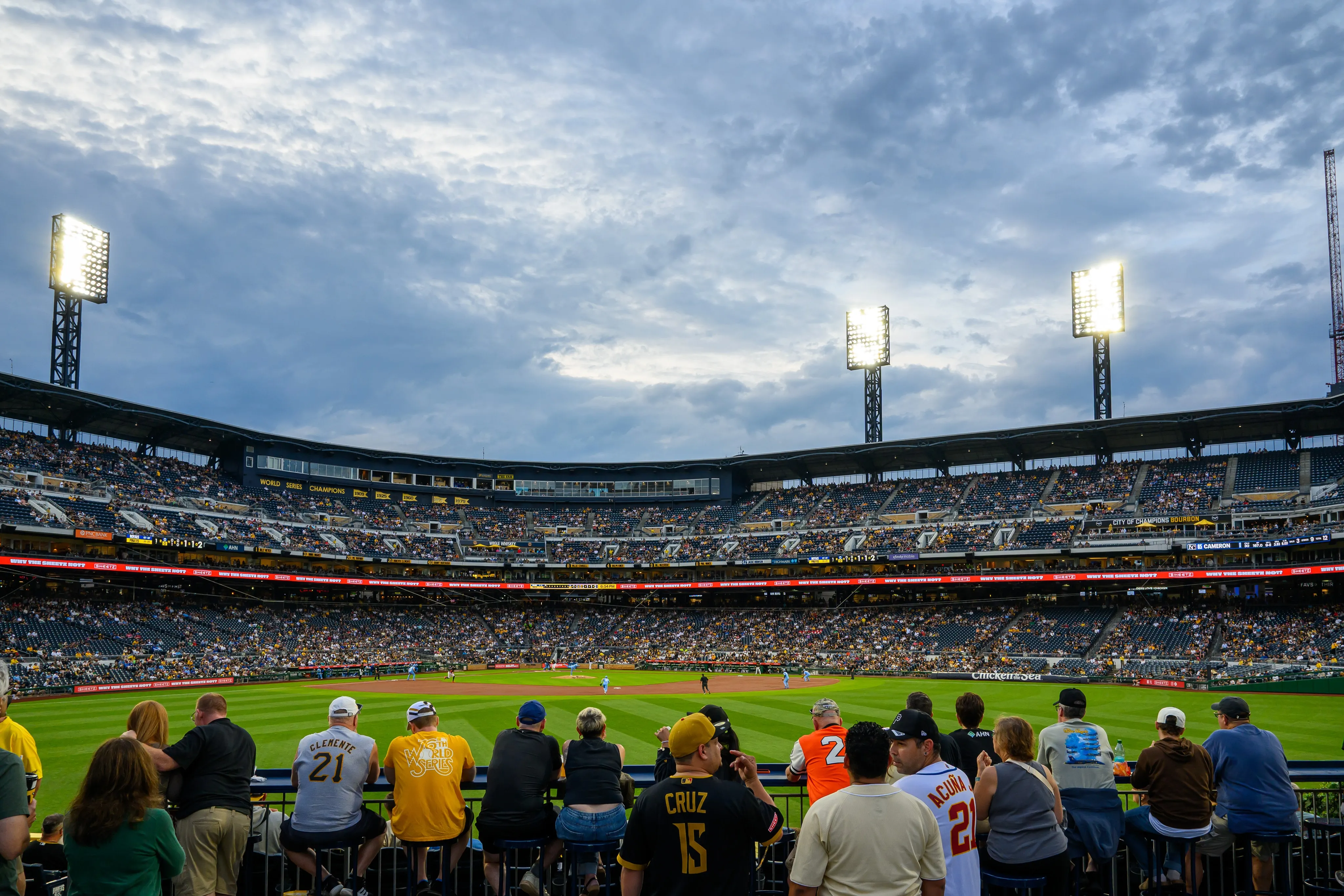 A baseball game at PNC Park viewed from behind home plate
