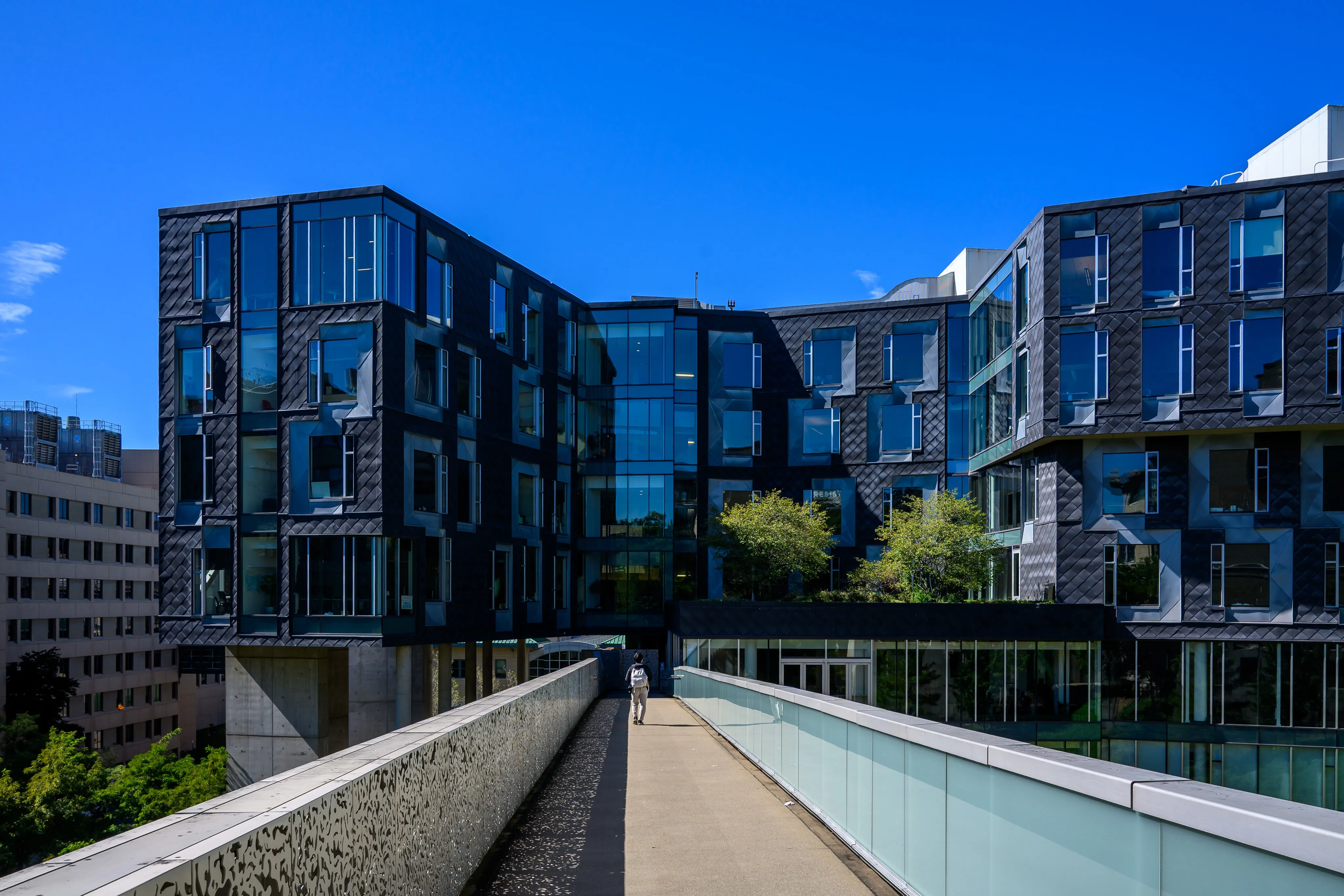 A footbridge leading to a modern building of dark shingled cladding and angled glass windows, with trees in its courtyard and a lone walker on the bridge under a clear blue sky.