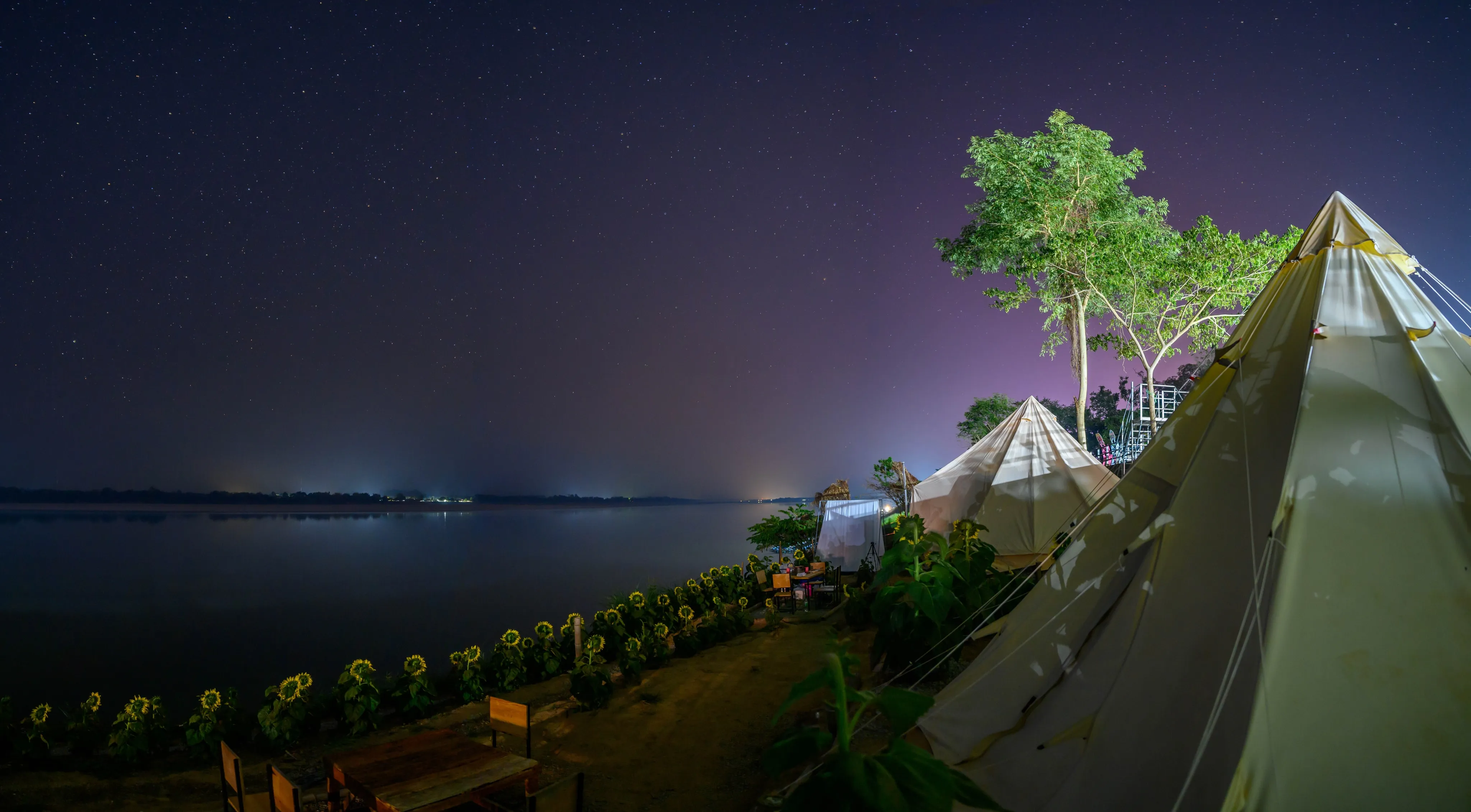 Tipi tents and a lit tree on a riverbank under a starry purple night sky