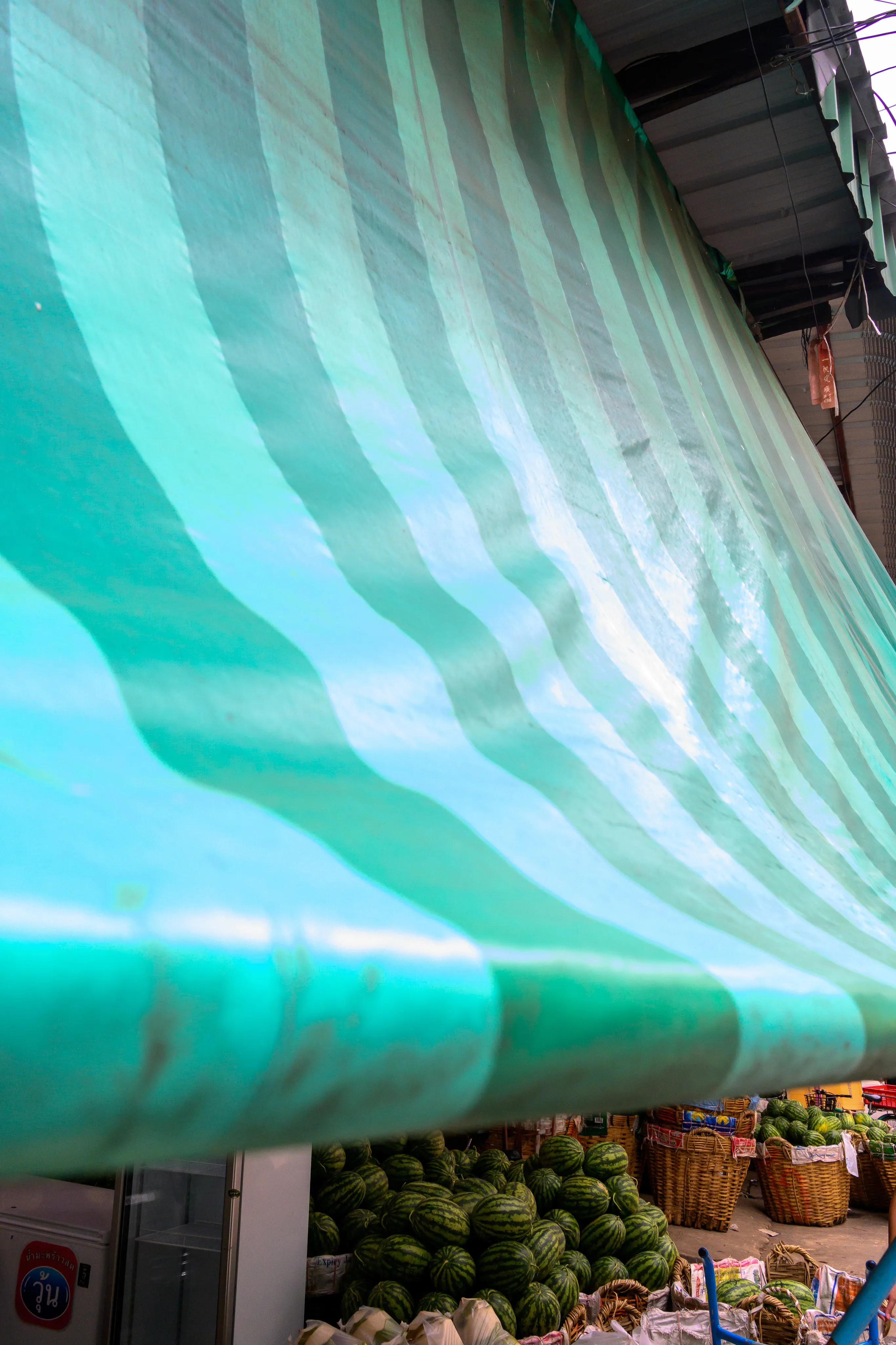 Turquoise striped market awning glowing above a fruit stall