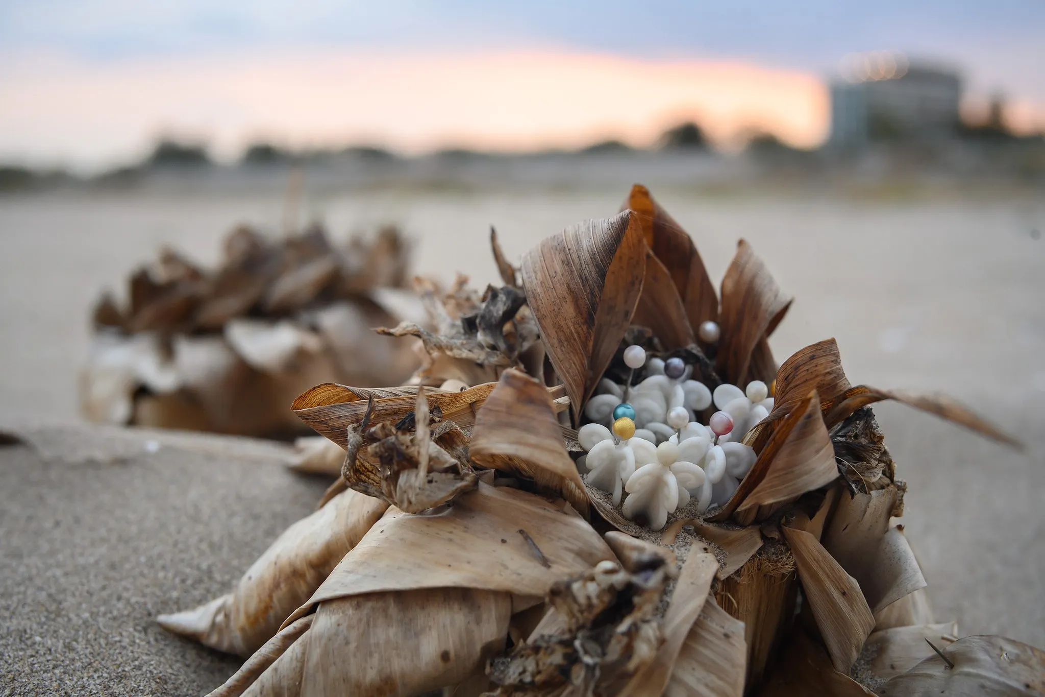 A dried banana-leaf offering filled with small beads lying on a beach at dusk