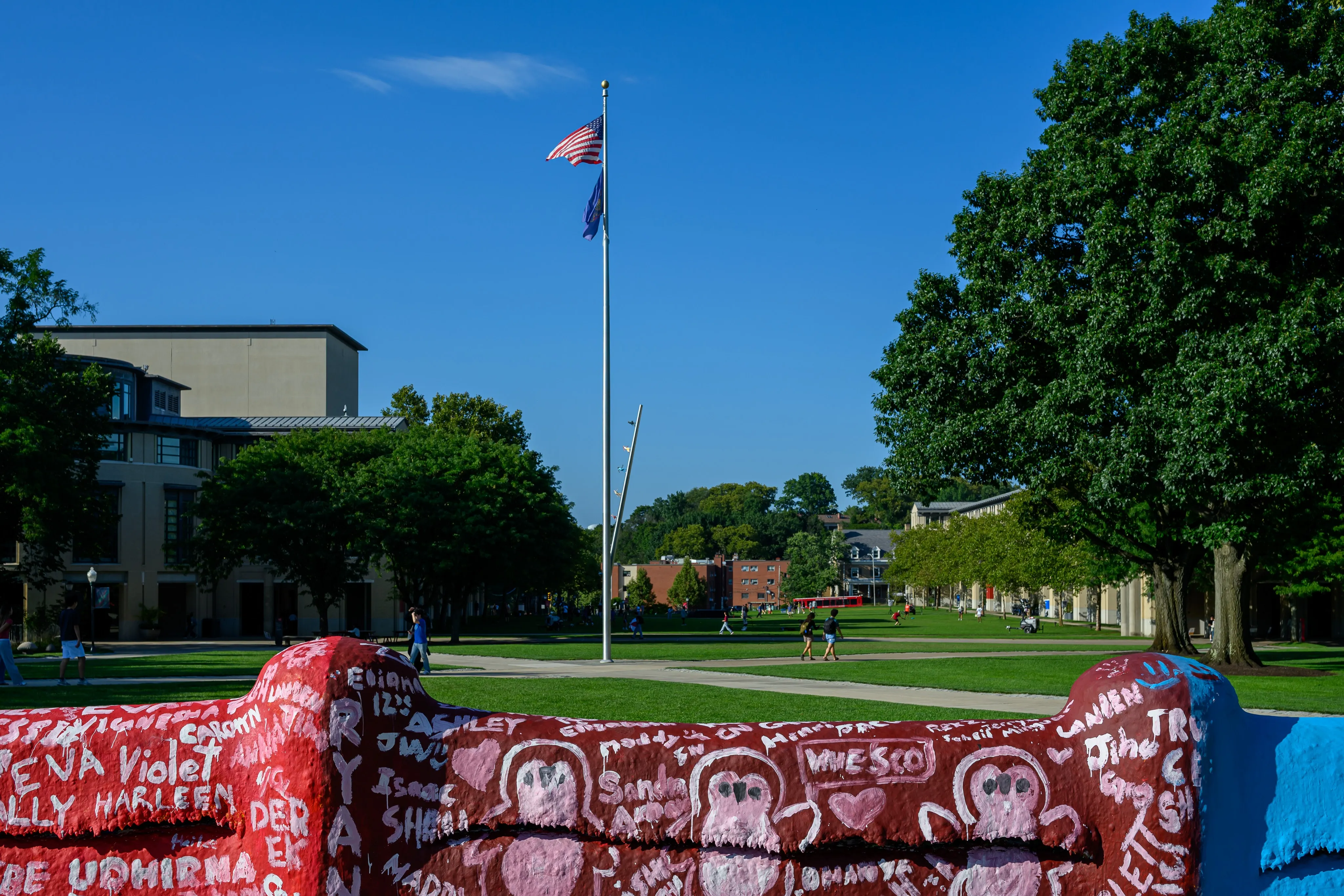 A lone flagpole on an open campus lawn lined with trees and academic buildings.