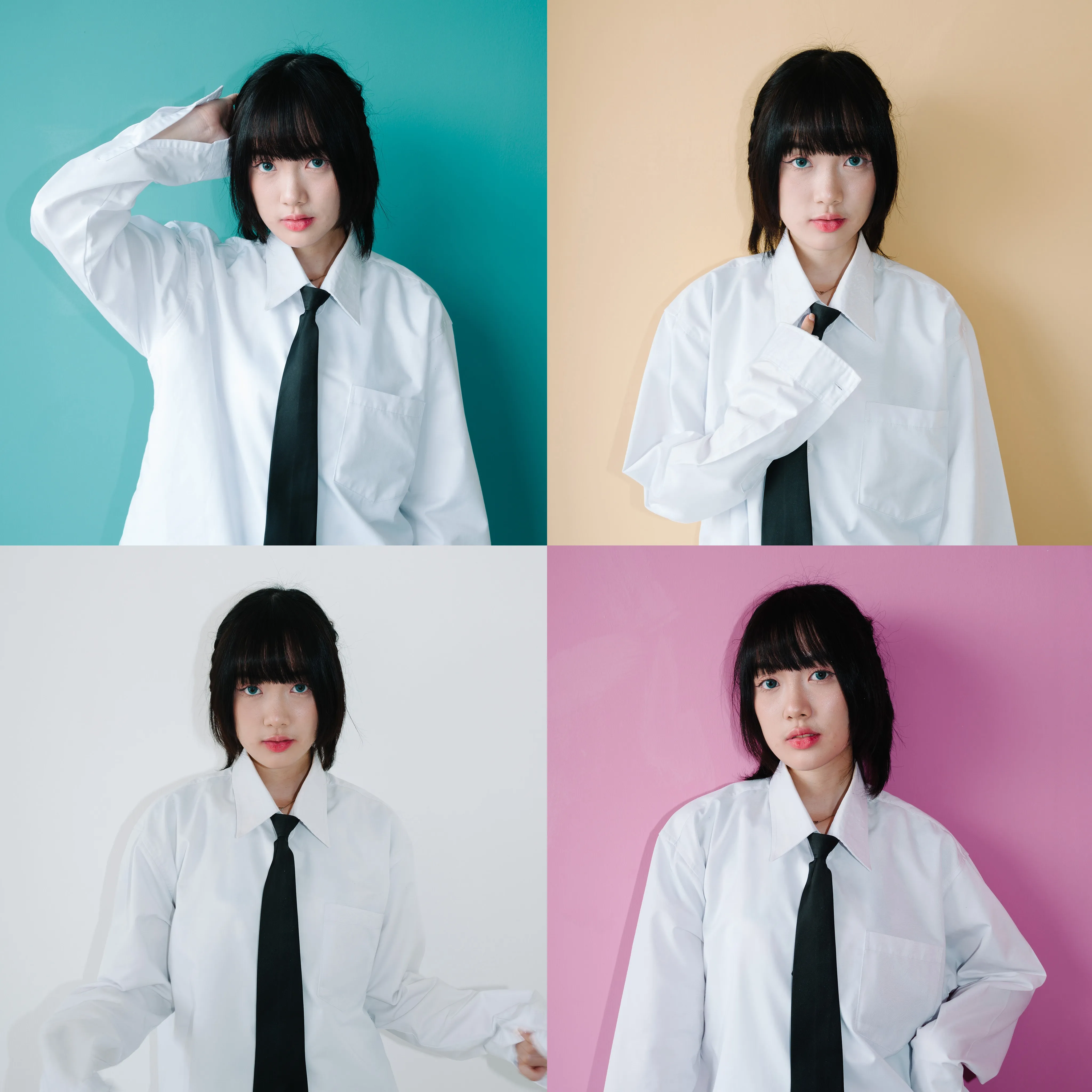 A four-panel grid of a woman posing in a white shirt and tie