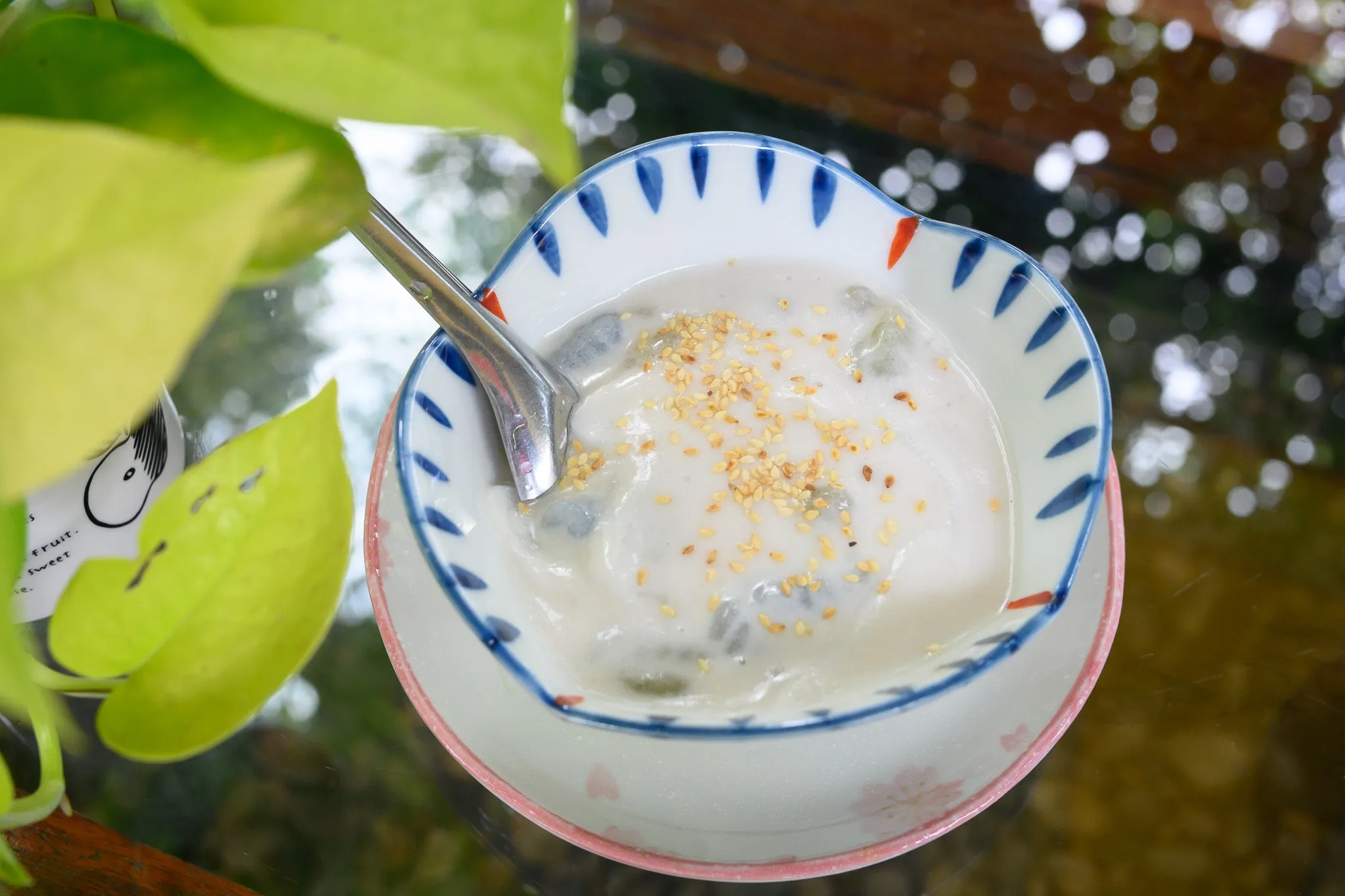 A bowl of coconut-milk dessert sprinkled with toasted sesame beside a pothos plant