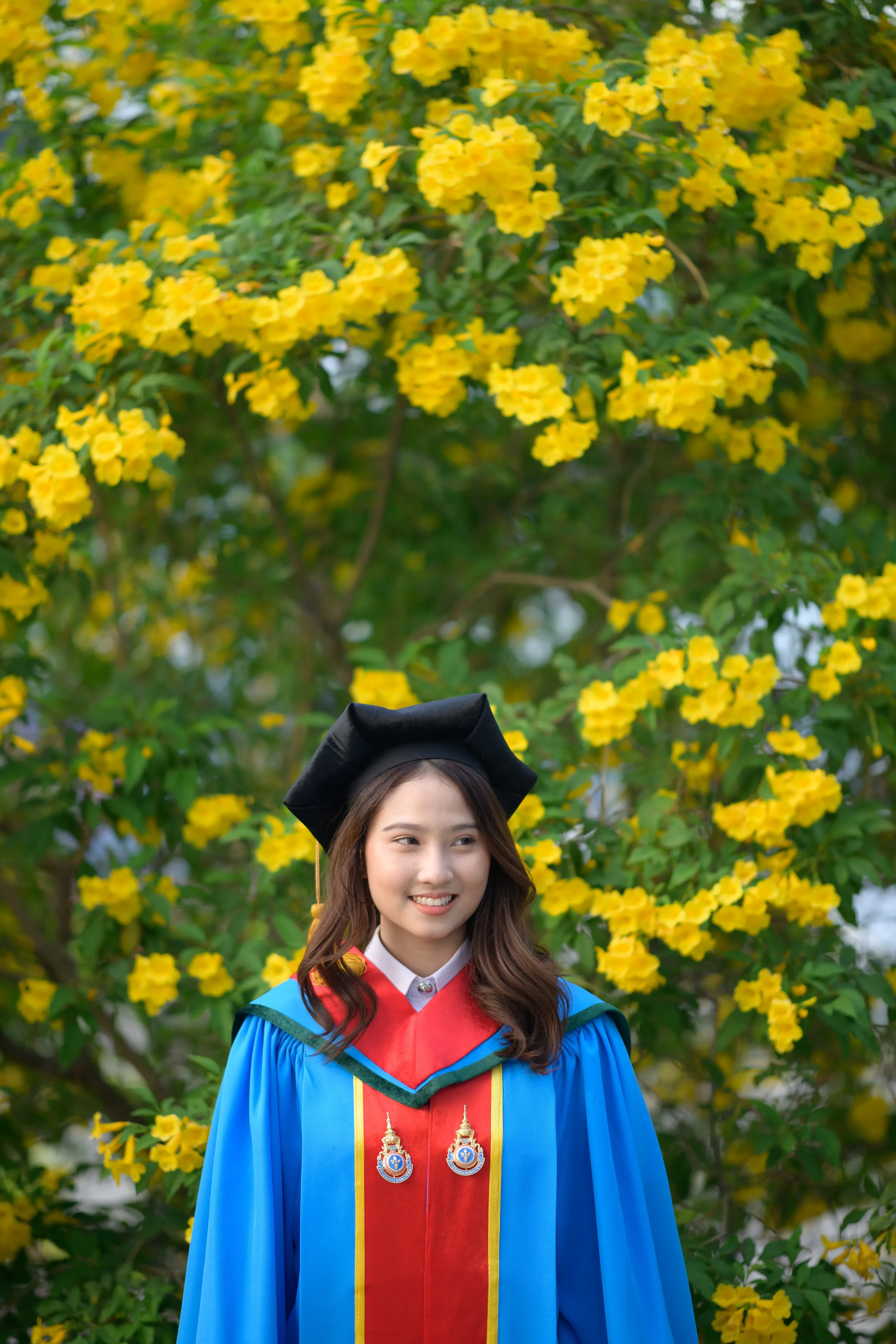 A smiling graduate in a mortarboard and blue gown framed by yellow flowers