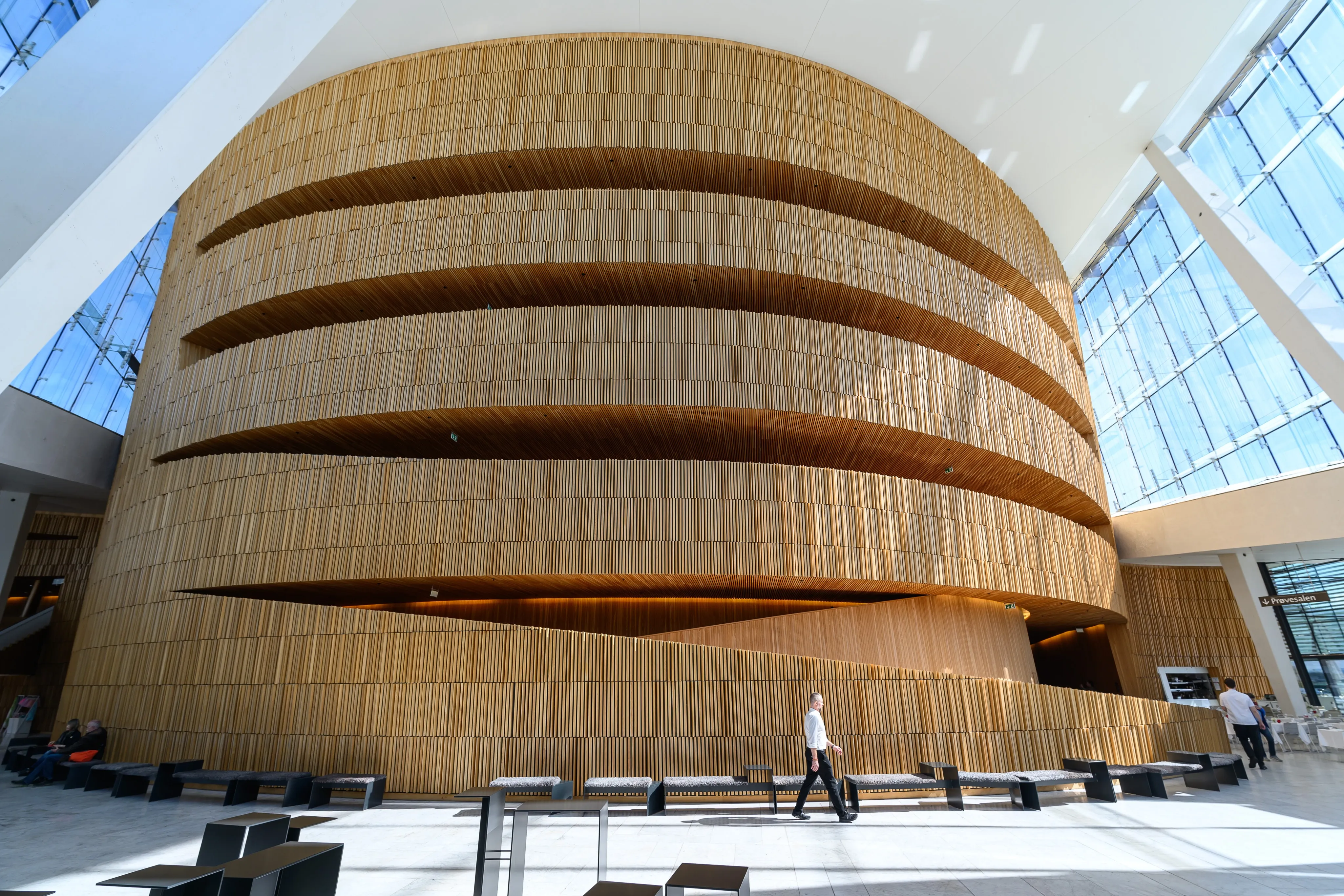 A rounded wooden auditorium inside a glass atrium